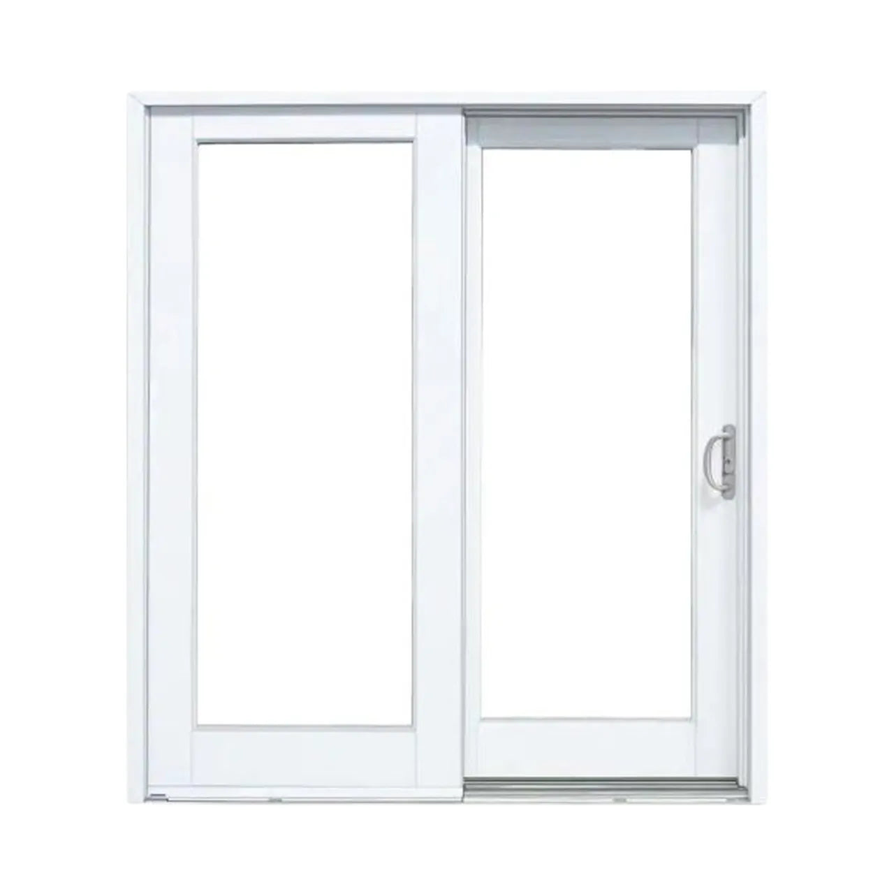 The Go Build 72 in. x 80 in. Smooth Right-Hand Composite Sliding Patio Door in white is shown closed, featuring two large glass panels (one fixed, one movable) and a silver handle on the right side.